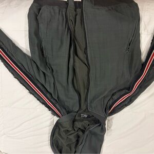 Gray Zip-Up Hoodie with Striped Sleeves